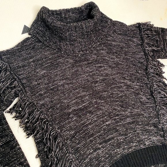 RD Style Fringe Marled Knit Charcoal Cowl Turtleneck High / Low Sweater - Picture 4 of 7